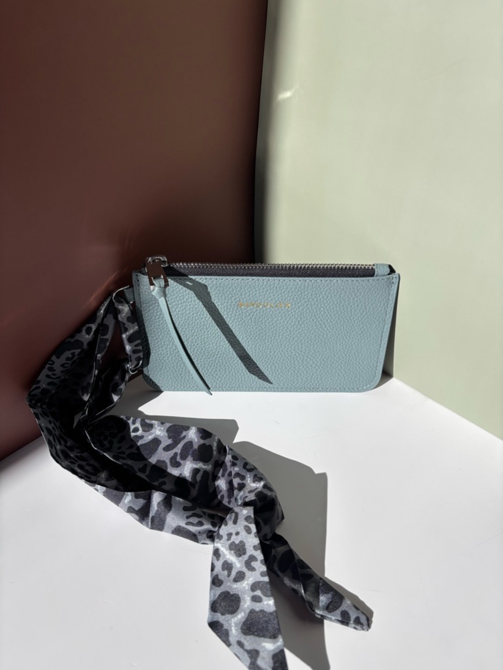 BANDOLIER Leather Light Grey Blue Wristlet Wallet with Scarf EUC - Picture 1 of 6